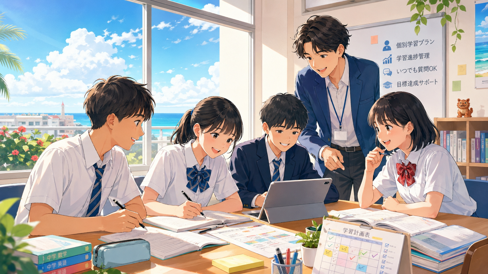 糸満市のランドル学習塾・予備校で先生と高校生が学習計画を相談している様子